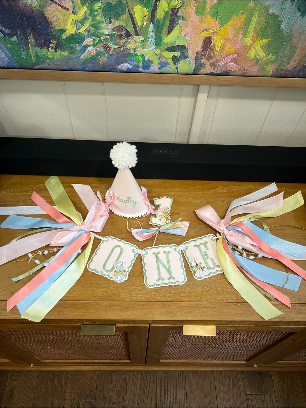Hadley- First Birthday Party Hat and ONE Banner - Pastel Pink Celebration Set